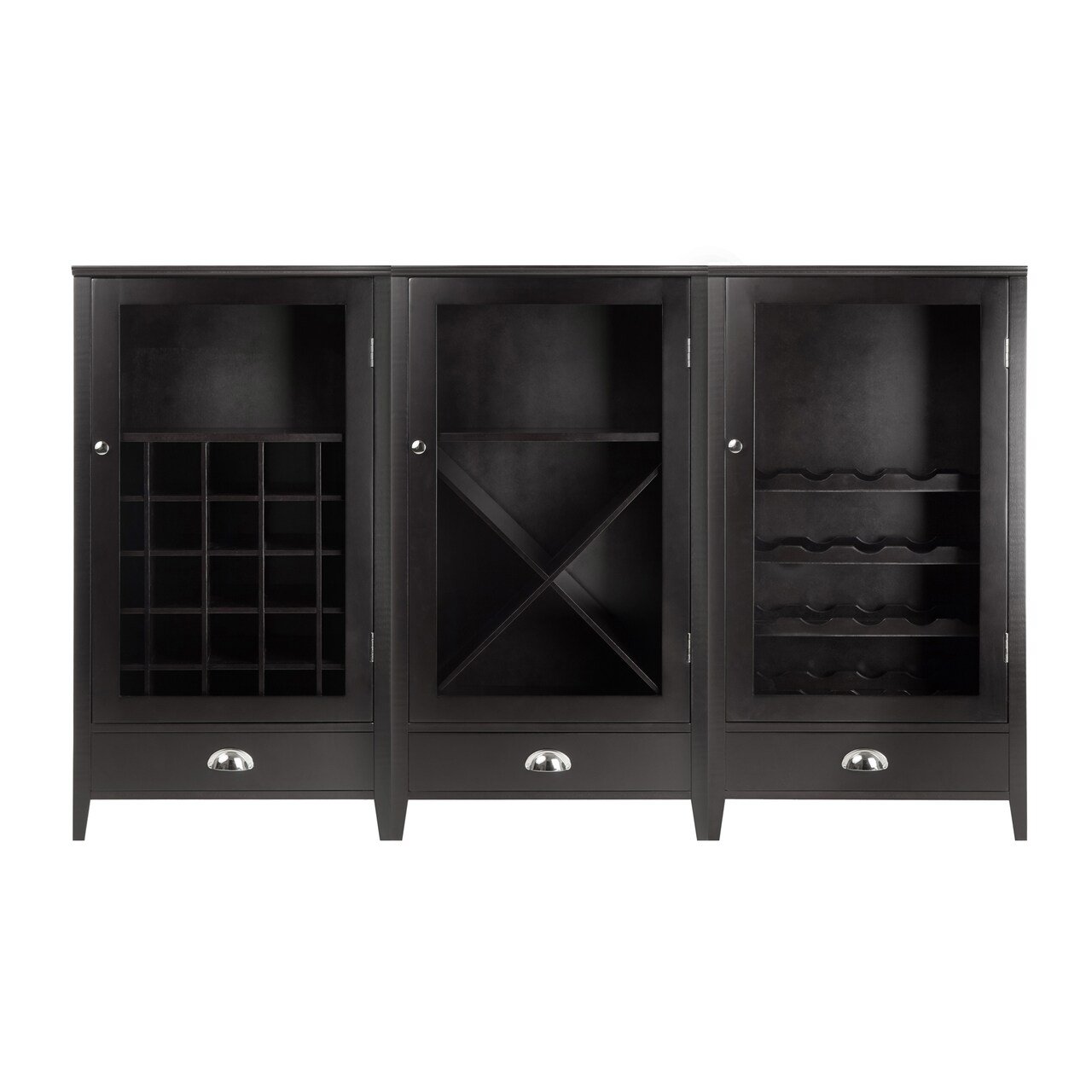 Contemporary Home Living 3pc Espresso Brown Contemporary Wine Cabinet Set with Tempered Glass Doors 67.75"